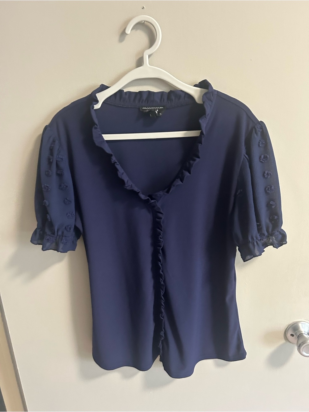 Flower & Feather Navy Swiss Dot Puff Sleeve Blouse Large
